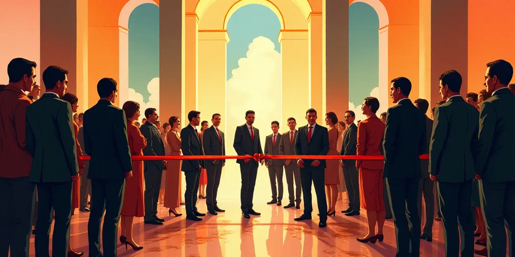 a group of people standing around a ribbon cutting a ribbon at a ribbon cutting ceremony in a buildi