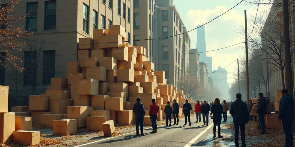 a group of people standing around a pile of boxes on top of a street with a building in the backgrou