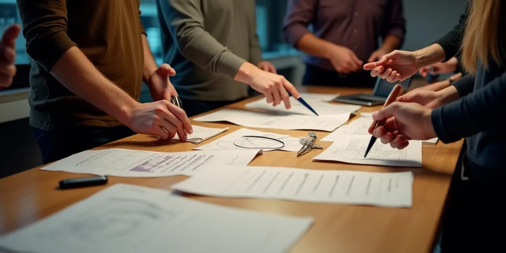 a group of people standing around a table with papers and scissors in their hands and a laptop in th