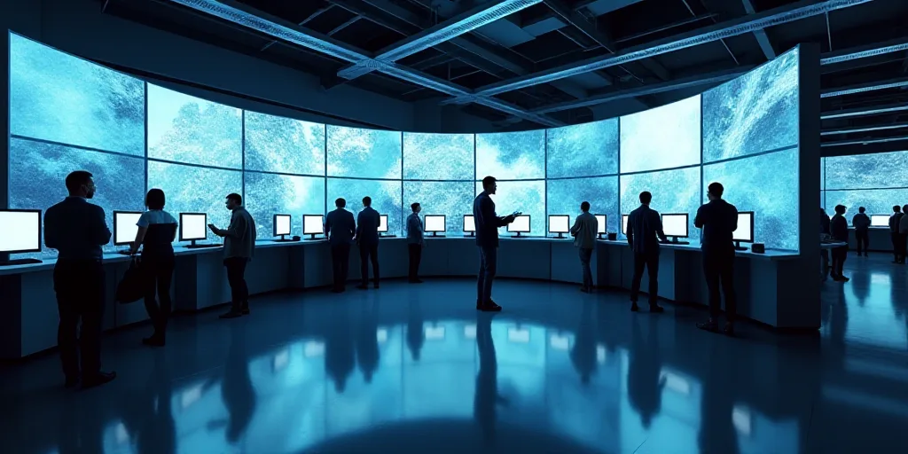a group of people standing around a counter with lots of monitors on it's walls and a man walking by