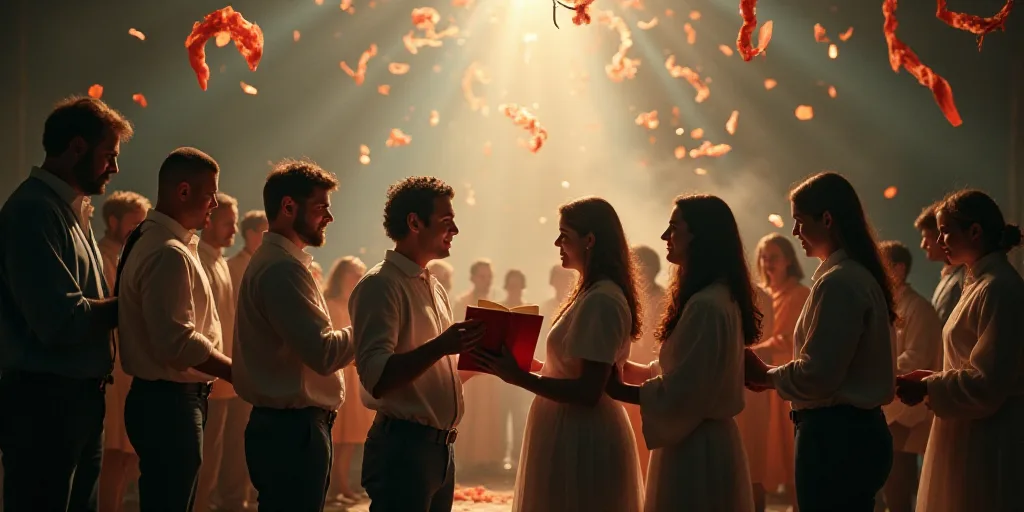 a group of people standing around each other holding a book and streamers of streamers in the air, E