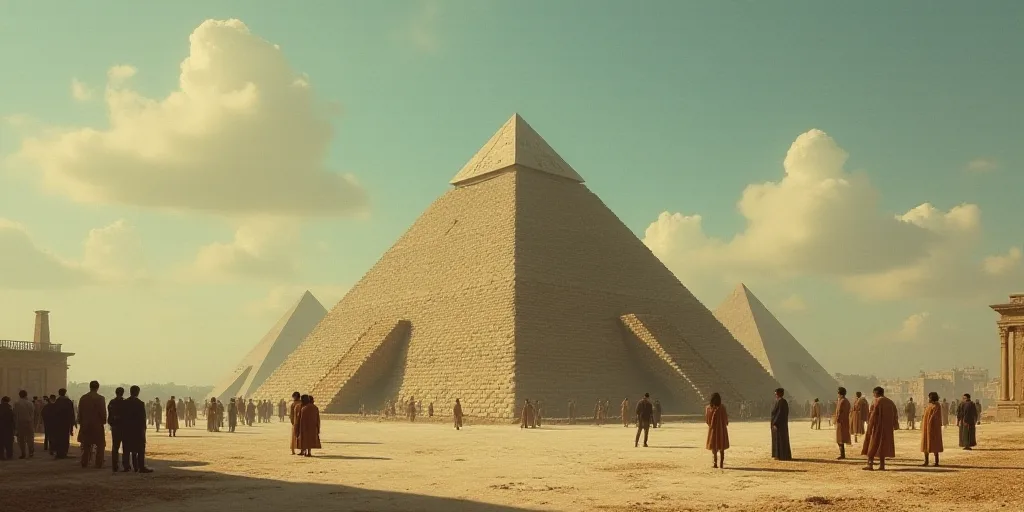a group of people standing around a building with a pyramid in the middle of it and a sky background