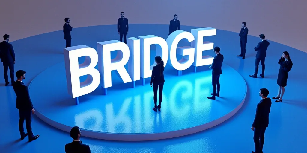 a group of people standing around a blue carpeted area with a large sign that says bridge on it, Bri