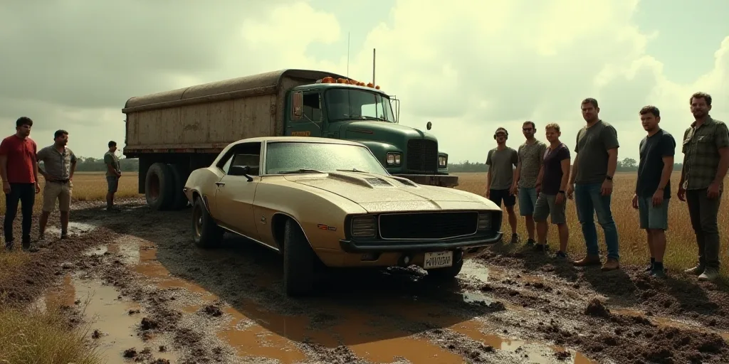 a group of people standing around a car in the mud with a truck in the background and a car in the f