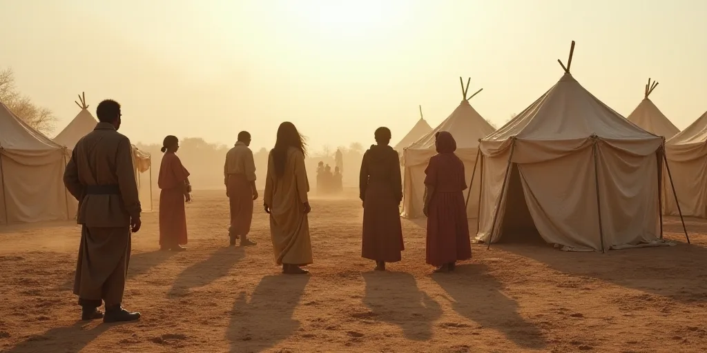 a group of people standing around a tent in the dirt with tents in the background and people standin