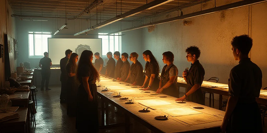 a group of people standing around a long table in a room with a lot of tables and chairs in it, Eva