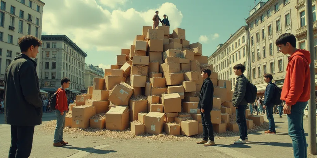 a group of people standing around a pile of boxes on top of a street with a building in the backgrou