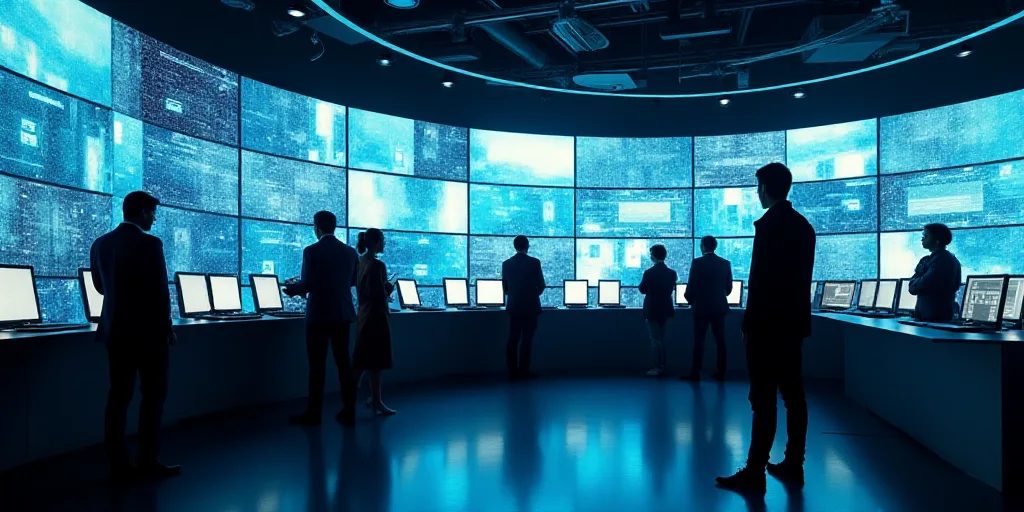 a group of people standing around a counter with lots of monitors on it's walls and a man walking by