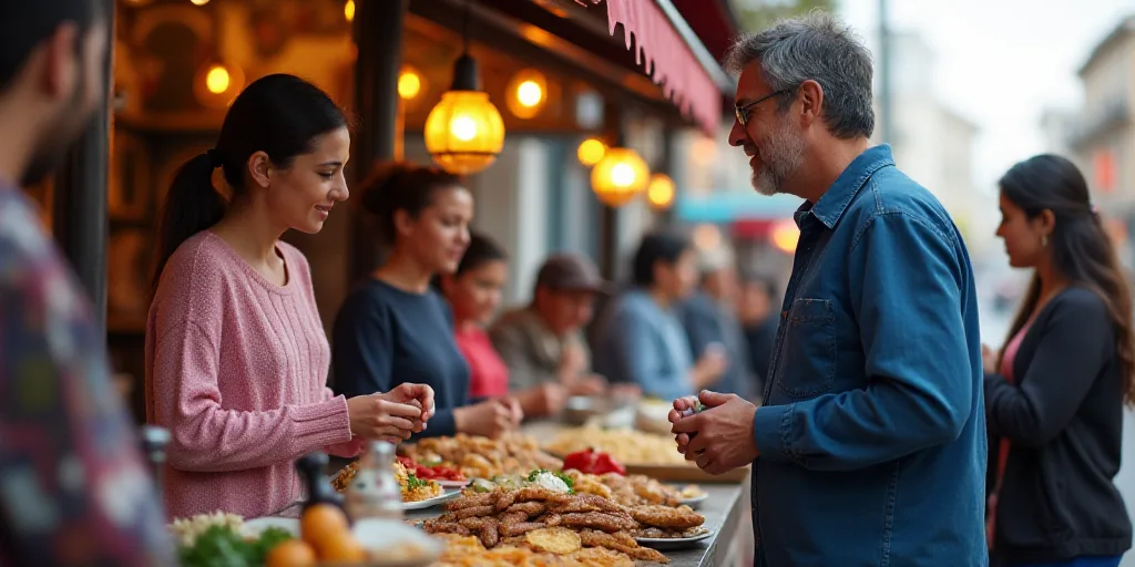 a group of people standing around a food stand with a woman in a pink sweater talking to a man in a
