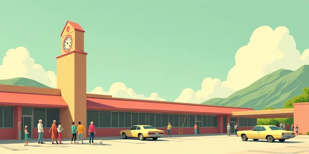 a group of people standing around a parking lot next to a building with a clock tower on top of it,