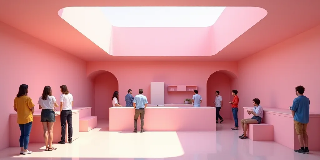 a group of people standing around a kitchen area with a pink wall and ceiling above it and a few peo