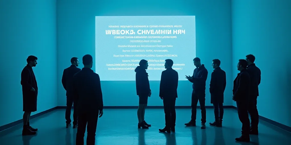 a group of people standing around each other in front of a blue wall and a sign with a russian langu