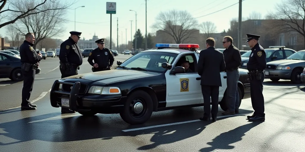 a group of people standing around a police car in a parking lot with police officers standing around