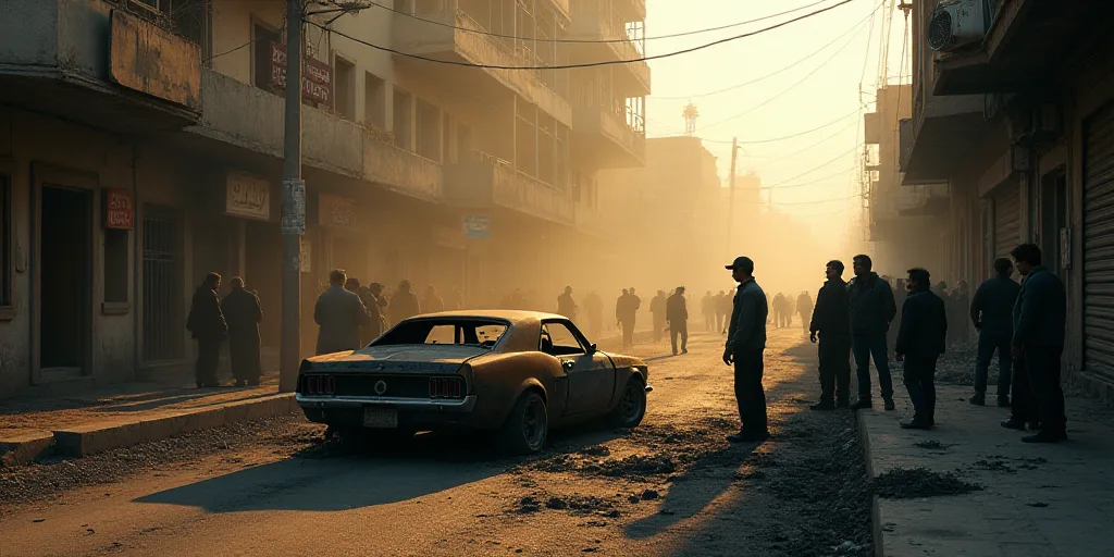 a group of people standing around a burned car in a city street with buildings in the background and