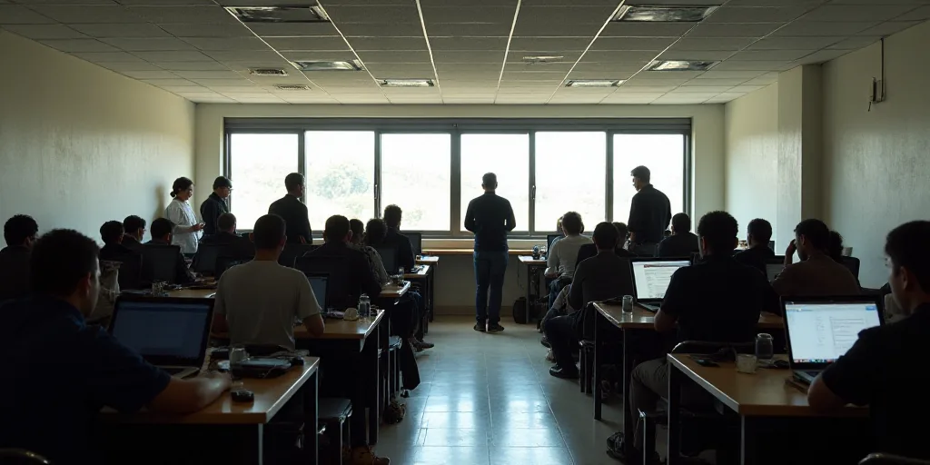 a group of people standing around a room with computers on it and people sitting at desks with lapto