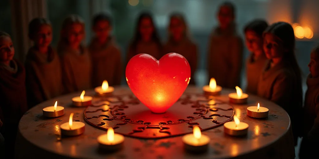 a group of people standing around a heart shaped candle on a table with candles in the shape of a he