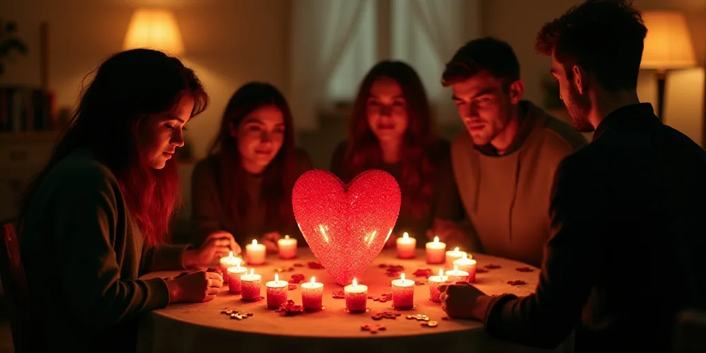 a group of people standing around a heart shaped candle on a table with candles in the shape of a he