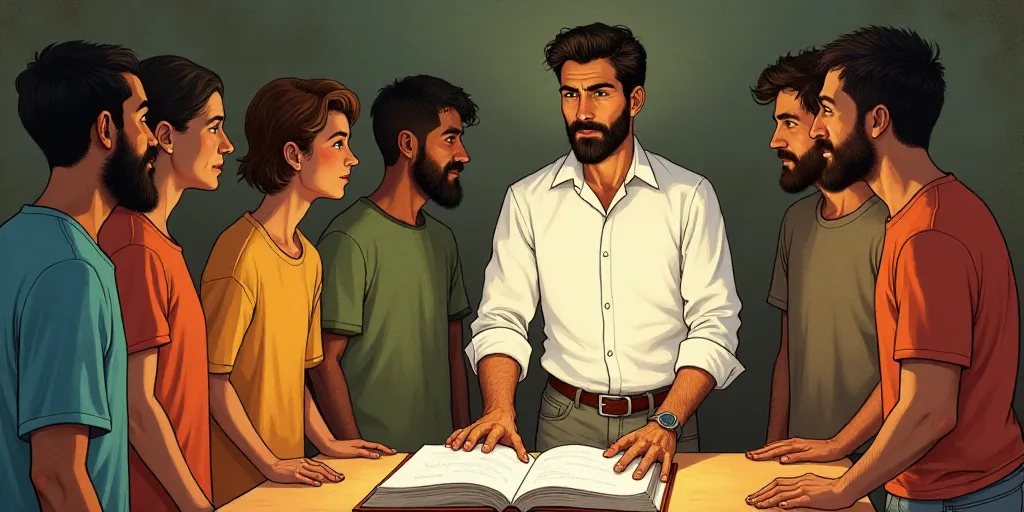 a group of people standing around a table with a book on it and a man in a white shirt, Adam Saks, m