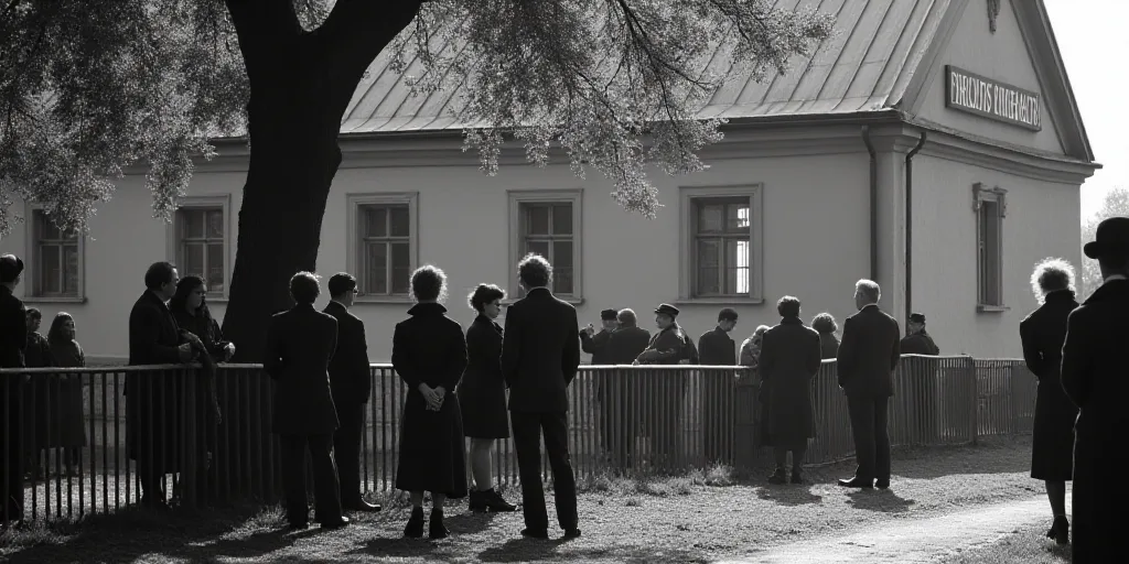 a group of people standing around a fence near a tree and a building with a sign on it that says,, F
