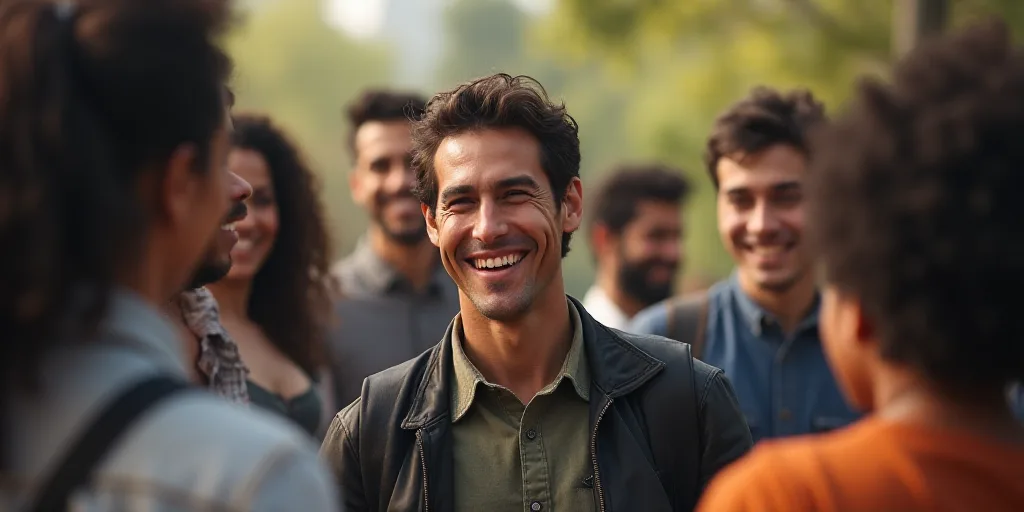 a group of people standing around each other smiling and laughing together in a group with a man in
