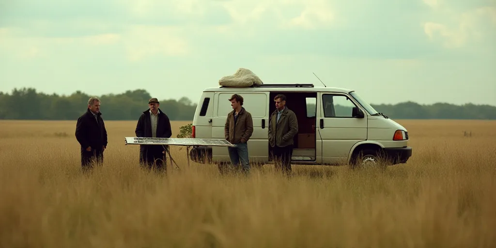 a group of people standing around a table with a sign on it in a field next to a van, Celia Fiennes,