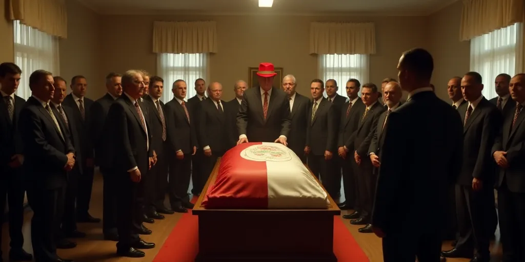 a group of people standing around a wooden casket in a room with a flag on top of it and a man in a