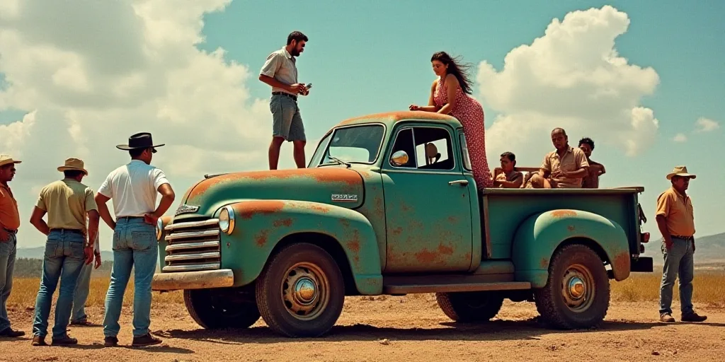 a group of people standing around a truck with a woman on the back of it and a man standing on the b