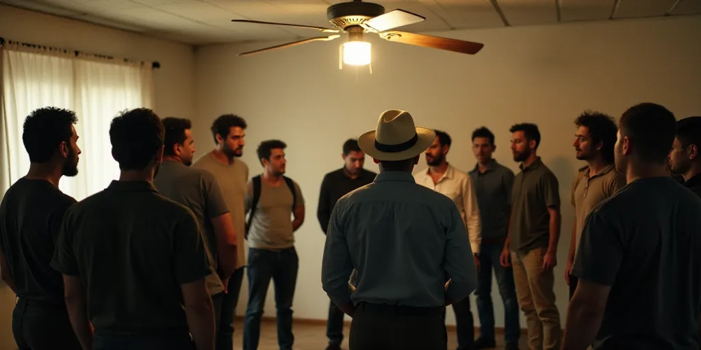 a group of people standing around each other in a room with a ceiling fan and a man in a white hat,