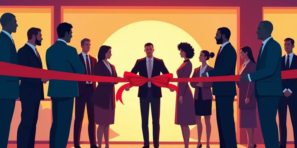 a group of people standing around a ribbon cutting a ribbon at a ribbon cutting ceremony for a new b