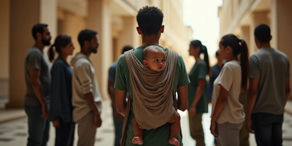 a group of people standing around each other in a building with a baby in a sling on their back, Ahm
