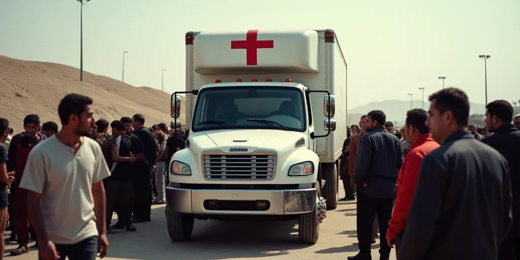 a group of people standing around a white truck with a red cross on it's front and a crowd of people