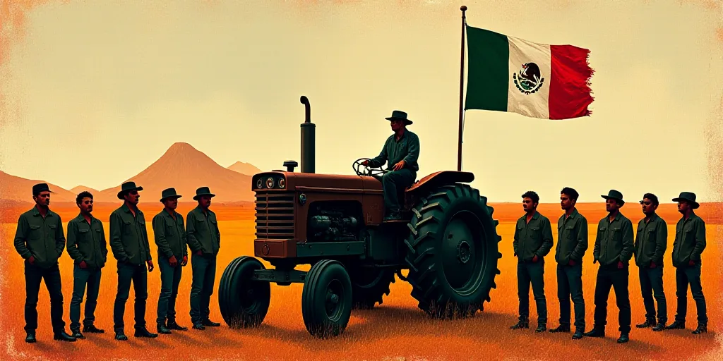 a group of people standing around a tractor with a mexican flag on it's back and a man on a tractor