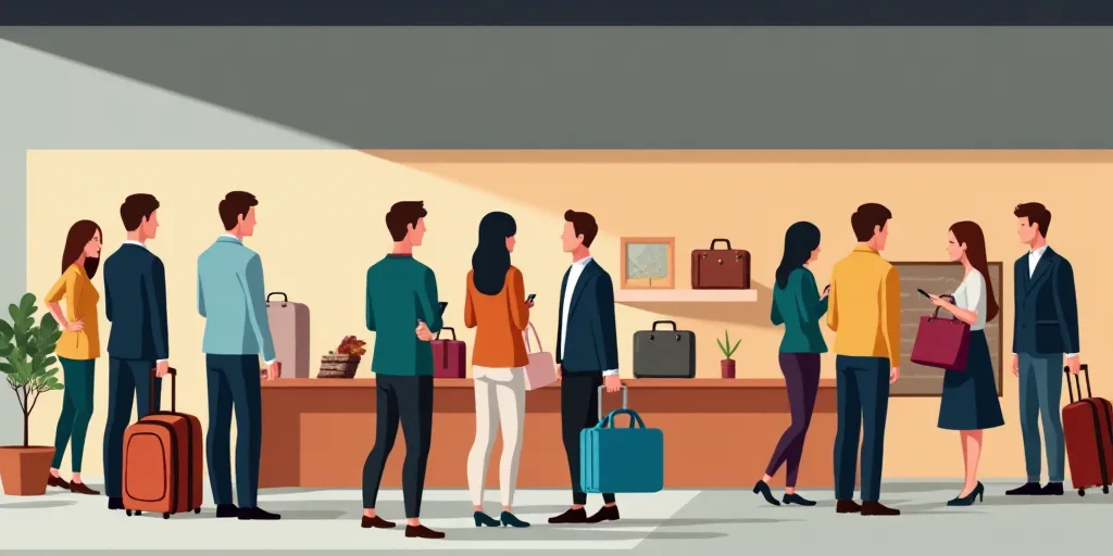 a group of people standing around a store with luggage on display in the background and a woman hold