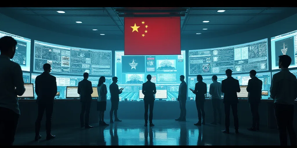 a group of people standing around a room with a lot of monitors on the wall and a flag hanging from