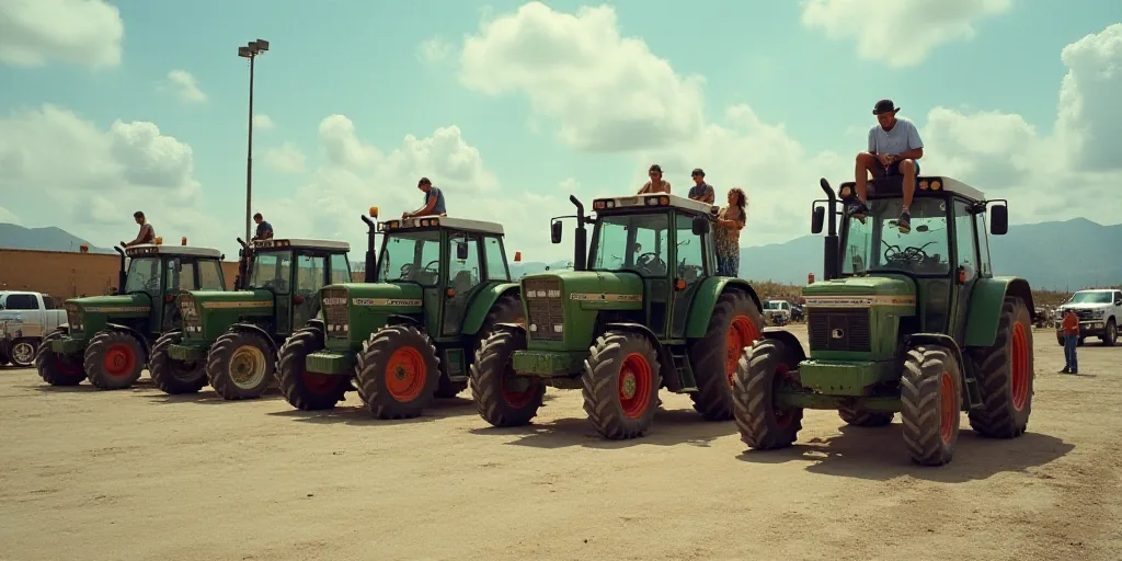 a group of people standing around a bunch of tractors in a parking lot with people standing on them