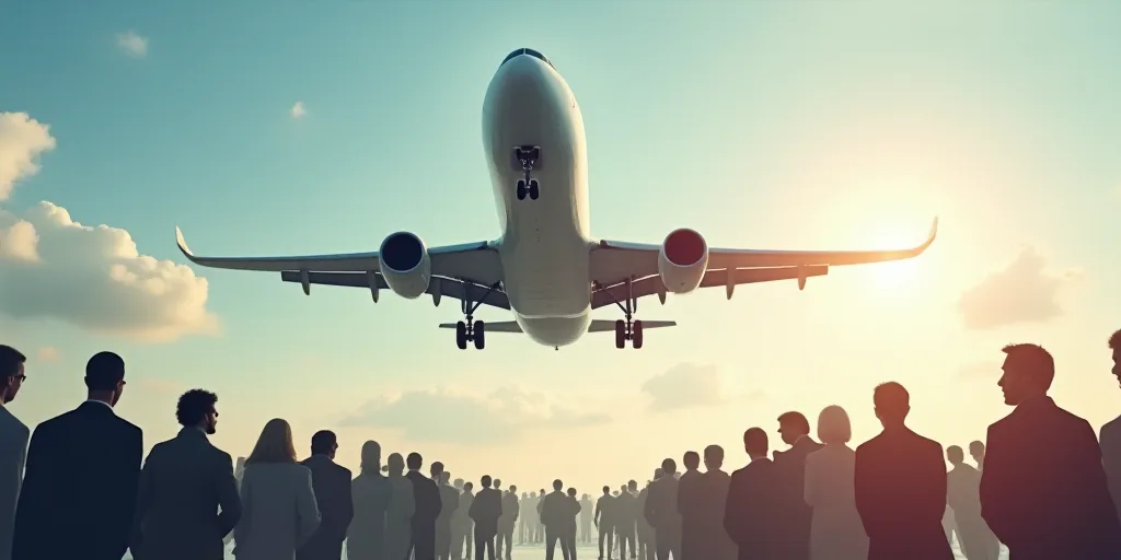 a group of people standing around a large airplane flying over them in the sky above them is a large