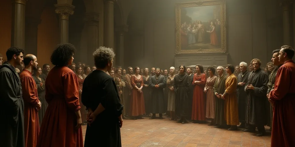 a group of people standing in front of a crowd of people in a room with a podium and chairs, Araceli