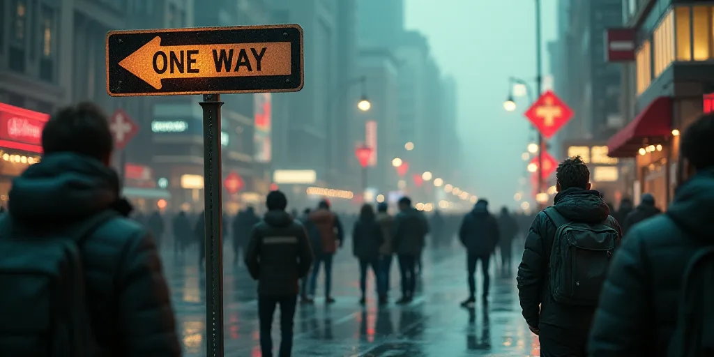 a group of people standing in front of a sign that says one way and a one way sign that says one way