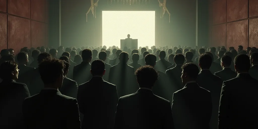 a group of people standing in a room with a crowd of people behind them and a sign in front of them,