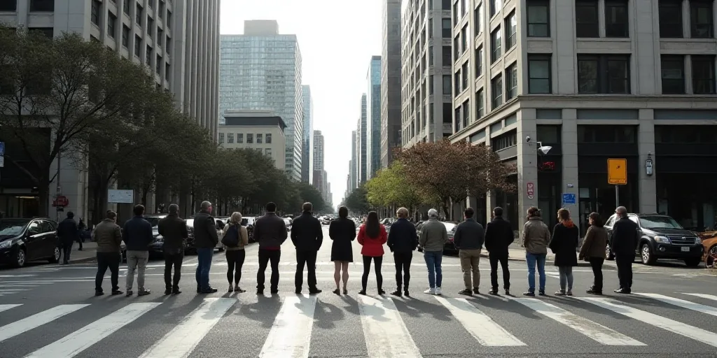 a group of people standing in a line waiting to cross the street at a crosswalk in a city, Eric Desc