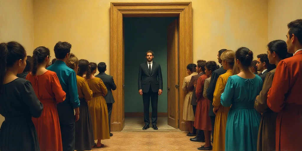 a group of people standing in front of a doorway with a man in a suit and tie on the other side of t
