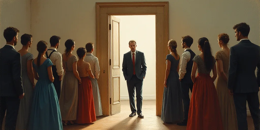 a group of people standing in front of a doorway with a man in a suit and tie on the other side of t
