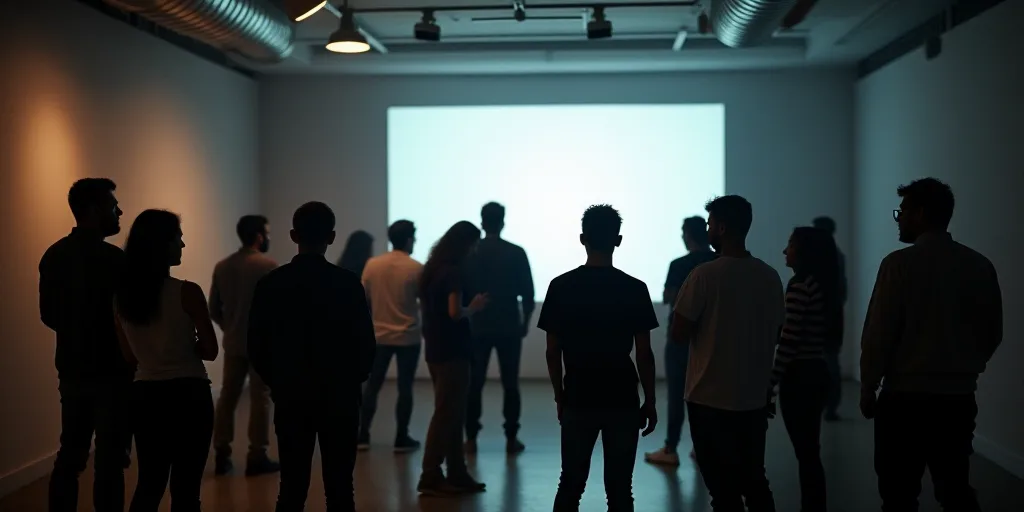 a group of people standing in a room together with a projector screen in the background and a large