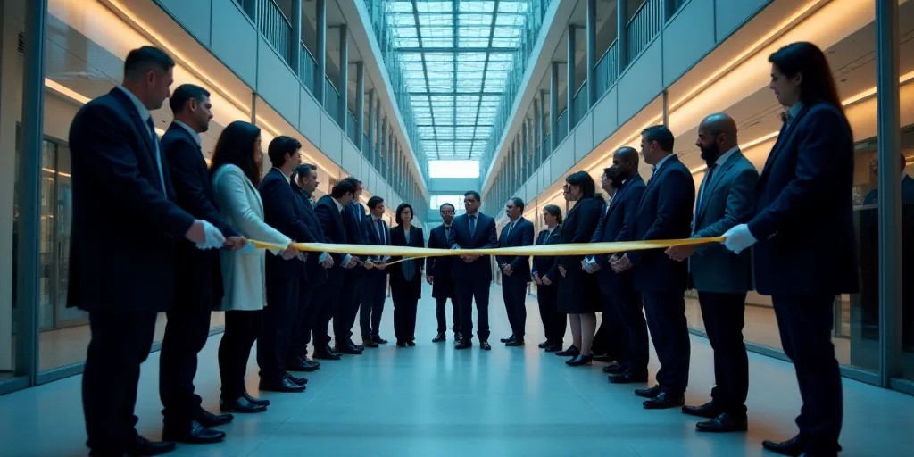 a group of people standing in front of a building with a ribbon cutting the ribbon to cut the ribbon