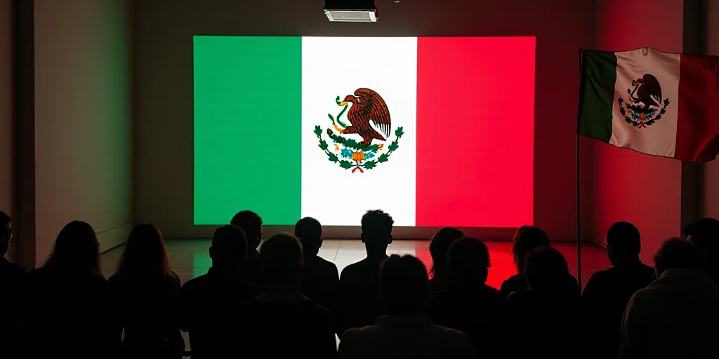 a group of people standing in front of a large screen with a mexican flag on it and a mexican flag h