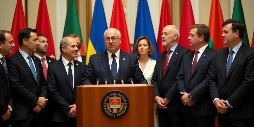 a group of people standing in front of a podium with flags on it and a man in a suit, Fernando Boter