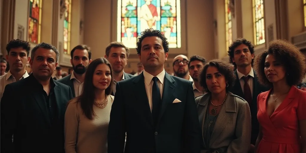 a group of people standing in a church together for a photo with a man in a suit and tie, David Alfa