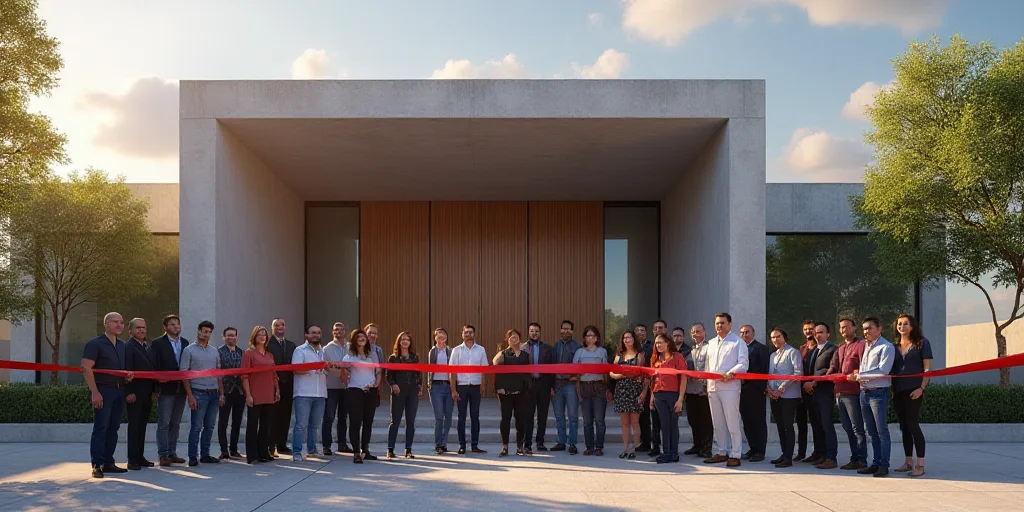 a group of people standing in front of a building holding a ribbon in front of them with a ribbon in
