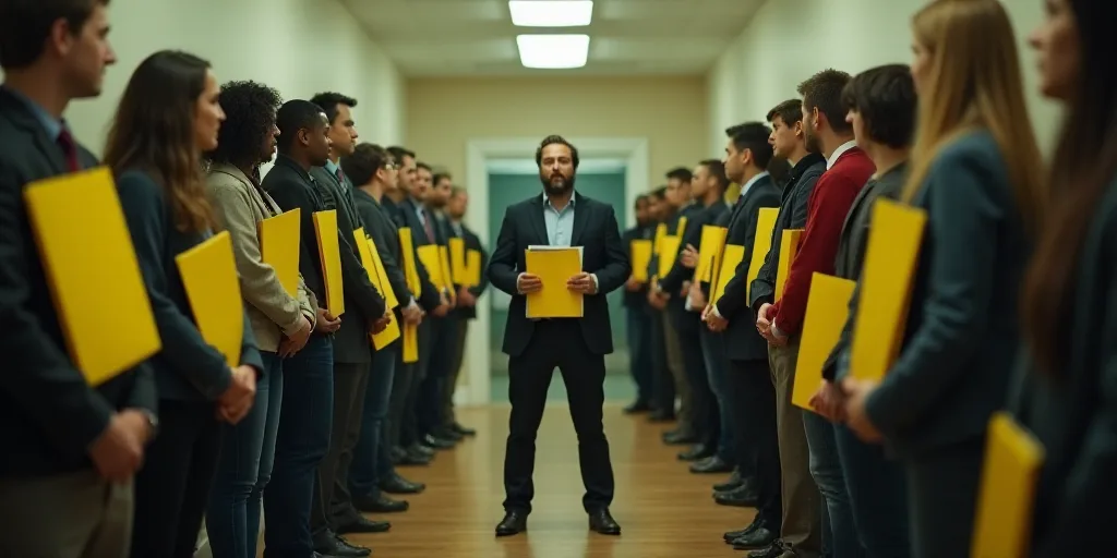 a group of people standing in a line with yellow signs on them and a man holding a yellow folder, Br