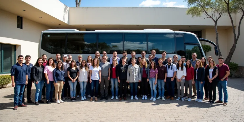 a group of people standing in front of a building with a bus in front of it and a van behind them, A
